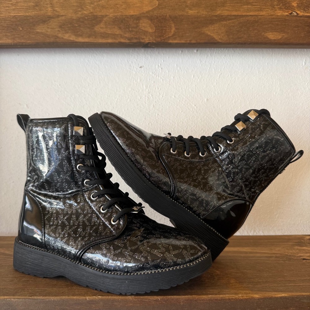 Michael Kors Boots Girls Size 2 Haskell Syre Black Patent Silver Glitter Combat